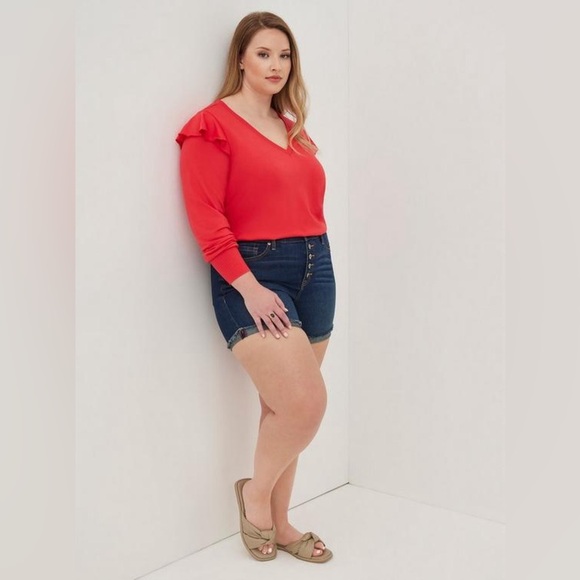 Torrid lightweight French terry V-neck ruffle shoulder sweater shirt - Picture 4 of 14